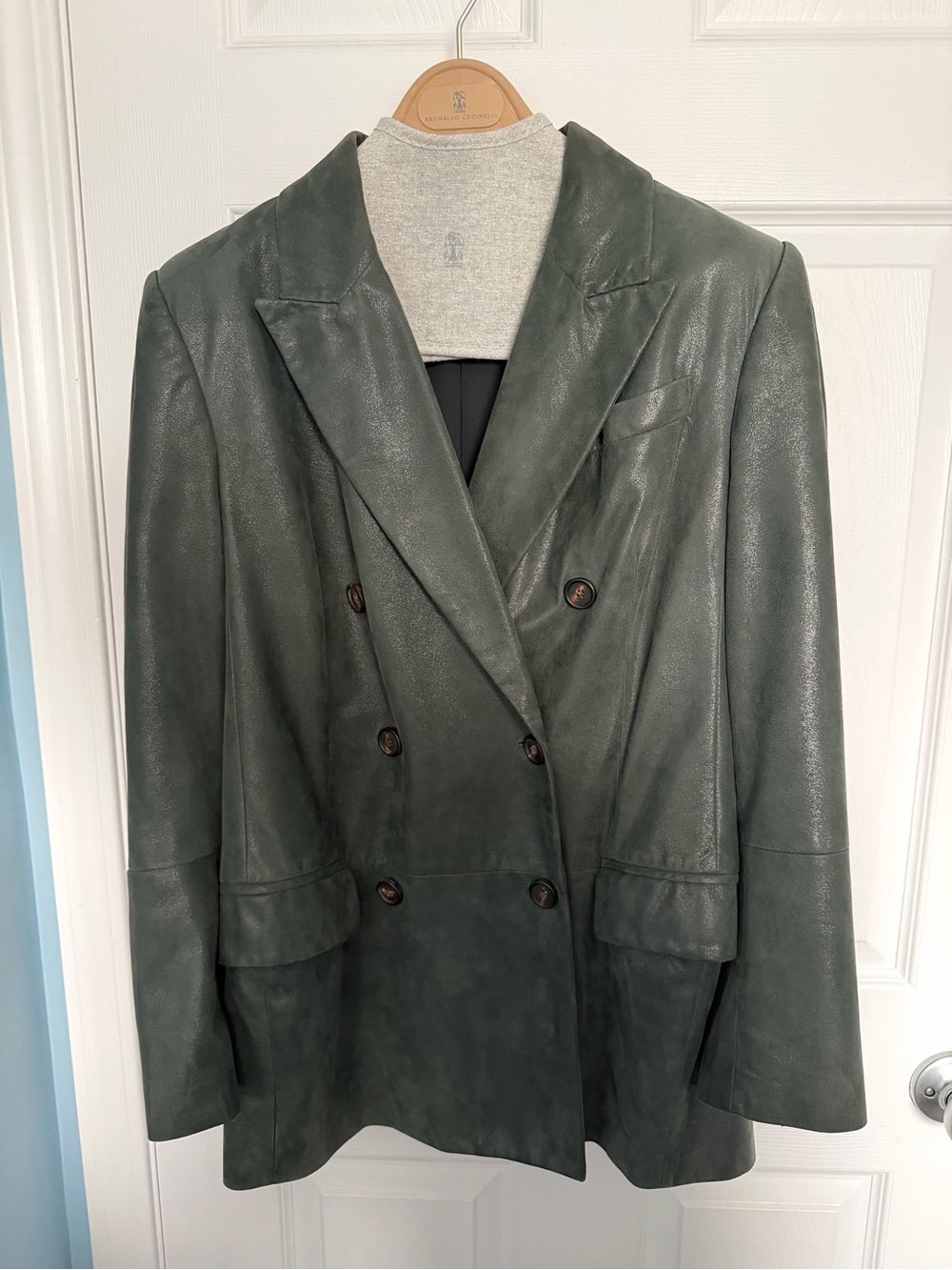 Brunello Cucinelli Dark Green Double-Breasted Leather Jacket